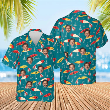 Vintage Lures Fishing Hawaiian Shirt with custom faces, front and back