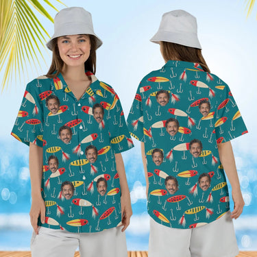 Woman wearing the Vintage Lures Fishing Hawaiian Shirt with custom faces, front and back view