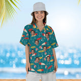Woman wearing the Vintage Lures Fishing Hawaiian Shirt with custom faces