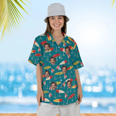 Woman wearing the Vintage Lures Fishing Hawaiian Shirt with custom faces