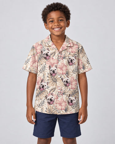 Vintage Palm Hibiscus Hawaiian shirt with printed faces, worn by a child
