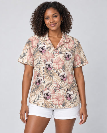 Vintage Palm Hibiscus Hawaiian shirt with printed faces, worn by a woman