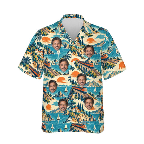 Vintage Rail Travel Train Hawaiian Shirt personalized with printed faces, front view