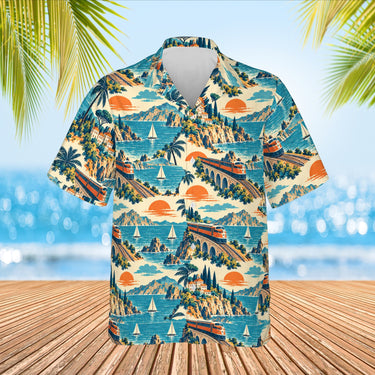 Vintage Rail Travel Train Hawaiian Shirt print before personalizing, front view