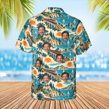 Vintage Rail Travel Train Hawaiian Shirt with custom faces, back view