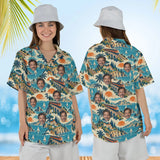 Woman wearing the Vintage Rail Travel Train Hawaiian Shirt with custom faces, front and back view