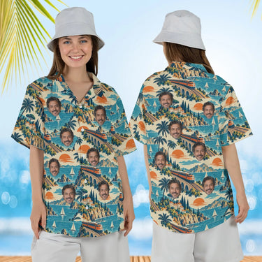Woman wearing the Vintage Rail Travel Train Hawaiian Shirt with custom faces, front and back view