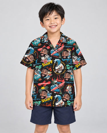 Vintage Skull Surf Hawaiian shirt with printed faces, worn by a child