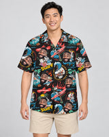 Vintage Skull Surf Hawaiian shirt with printed faces, worn by a man
