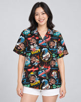 Vintage Skull Surf Hawaiian shirt with printed faces, worn by a woman