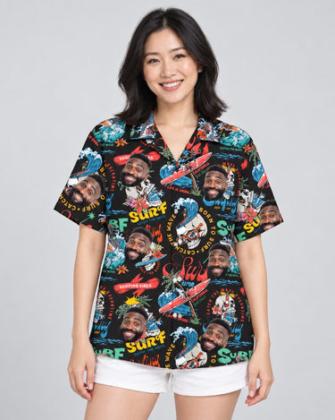 Vintage Skull Surf Hawaiian shirt with printed faces, worn by a woman