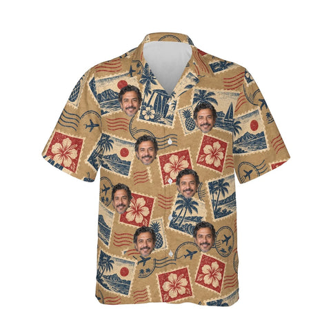 Vintage Stamps Postcard Hawaiian Shirt personalized with printed faces, front view