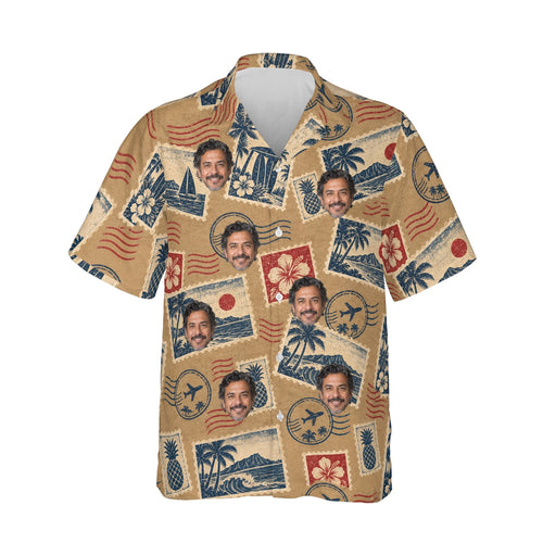 Vintage Stamps Postcard Hawaiian Shirt personalized with printed faces, front view