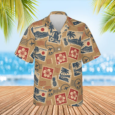 Vintage Stamps Postcard Hawaiian Shirt print before personalizing, front view