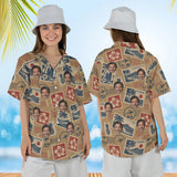 Woman wearing the Vintage Stamps Postcard Hawaiian Shirt with custom faces, front and back view