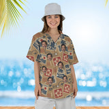 Woman wearing the Vintage Stamps Postcard Hawaiian Shirt with custom faces