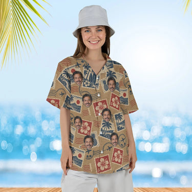 Woman wearing the Vintage Stamps Postcard Hawaiian Shirt with custom faces