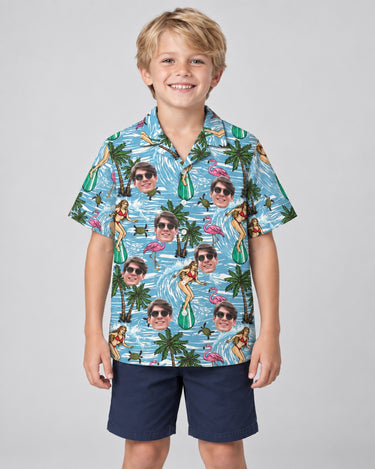 Vintage Surf Sun Hawaiian shirt with printed faces, worn by a child