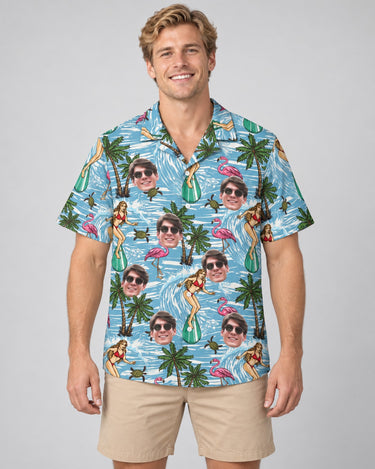Vintage Surf Sun Hawaiian shirt with printed faces, worn by a man