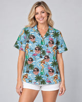 Vintage Surf Sun Hawaiian shirt with printed faces, worn by a woman