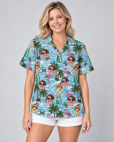 Vintage Surf Sun Hawaiian shirt with printed faces, worn by a woman