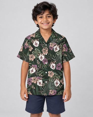 Vintage Tropical Natural Hawaiian shirt with printed faces, worn by a child