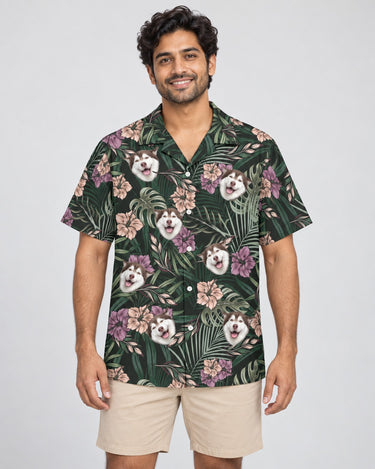 Vintage Tropical Natural Hawaiian shirt with printed faces, worn by a man