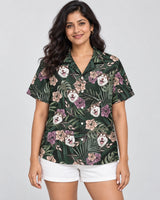 Vintage Tropical Natural Hawaiian shirt with printed faces, worn by a woman