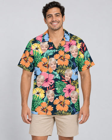 Vivid Summer Hawaiian shirt with printed faces, worn by a man