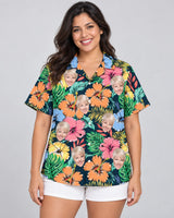 Vivid Summer Hawaiian shirt with printed faces, worn by a woman