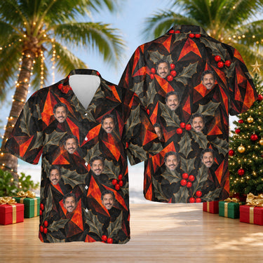 Volcanic Holly custom Christmas Hawaiian shirt with faces, front and back