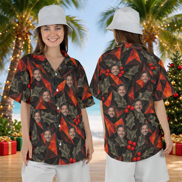 Volcanic Holly personalized Christmas Hawaiian shirt with faces worn by a woman, front and back