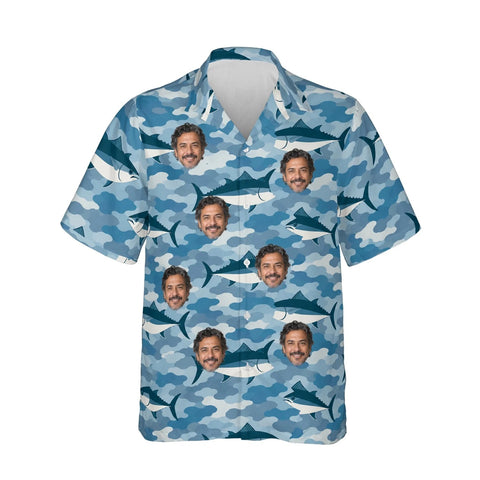 Water Camo Fishing Hawaiian Shirt personalized with printed faces, front view