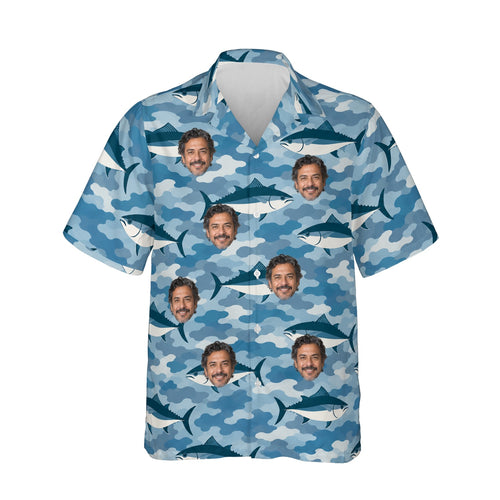 Water Camo Fishing Hawaiian Shirt personalized with printed faces, front view