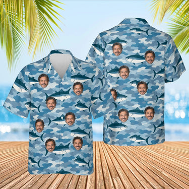 Water Camo Fishing Hawaiian Shirt with custom faces, front and back