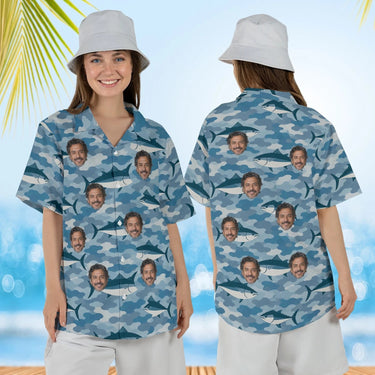 Woman wearing the Water Camo Fishing Hawaiian Shirt with custom faces, front and back view