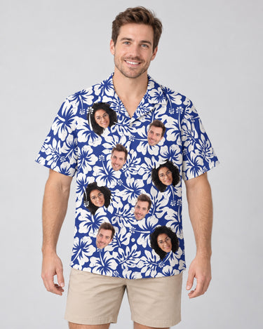Weathered Tropic Hibiscus Hawaiian shirt with printed faces, worn by a man