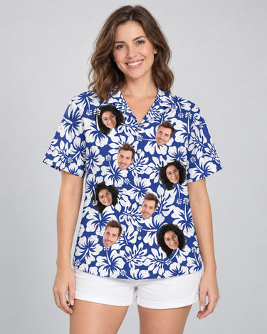 Weathered Tropic Hibiscus Hawaiian shirt with printed faces, worn by a woman