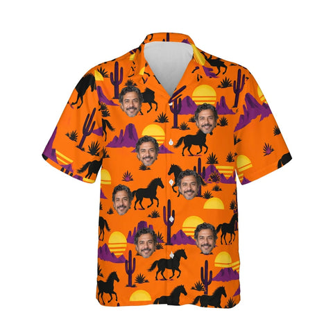 Western Sunset Mustang Horse Hawaiian Shirt personalized with printed faces, front view