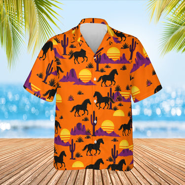 Western Sunset Mustang Horse Hawaiian Shirt print before personalizing, front view