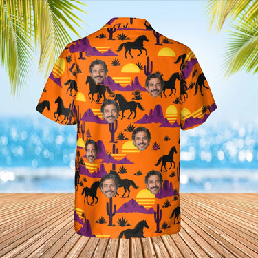 Western Sunset Mustang Horse Hawaiian Shirt with custom faces, back view