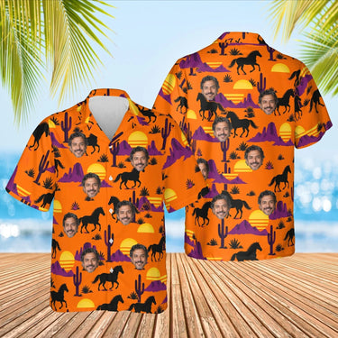 Western Sunset Mustang Horse Hawaiian Shirt with custom faces, front and back