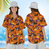 Woman wearing the Western Sunset Mustang Horse Hawaiian Shirt with custom faces, front and back view