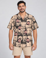 Whiskey Booze Hawaiian shirt with printed faces, worn by a man