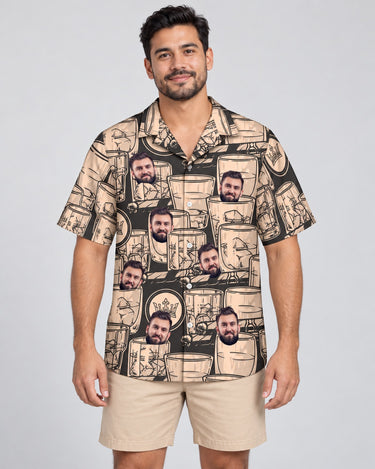 Whiskey Booze Hawaiian shirt with printed faces, worn by a man