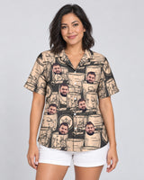 Whiskey Booze Hawaiian shirt with printed faces, worn by a woman