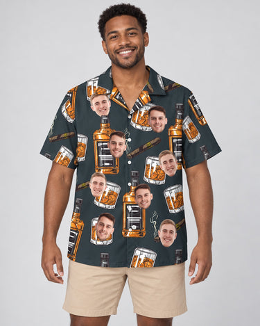 Whiskey Cigar Hawaiian shirt with printed faces, worn by a man