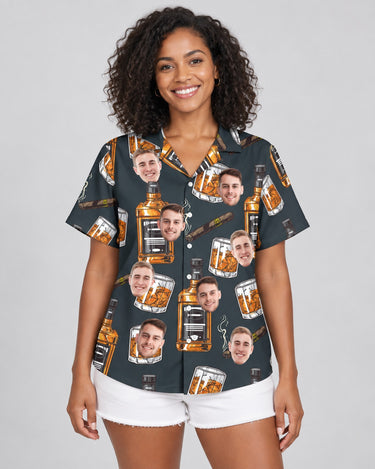Whiskey Cigar Hawaiian shirt with printed faces, worn by a woman