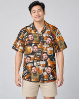 Whiskey Skulls Retro Hawaiian shirt with printed faces, worn by a man