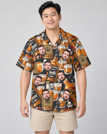 Whiskey Skulls Retro Hawaiian shirt with printed faces, worn by a man
